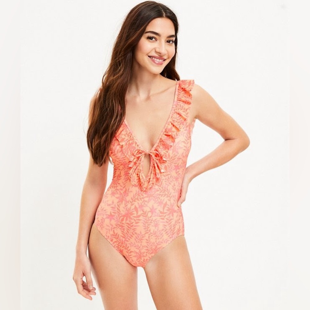 Loft Beach Floral Ruffle Tie Neck One Piece Swimsuit